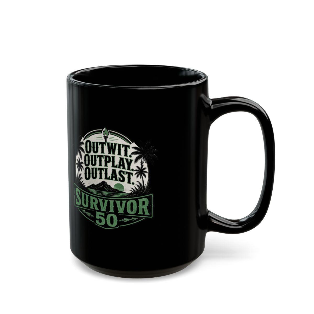 Survivor 50 "Outwit. Outplay. Outlast." Black Mug